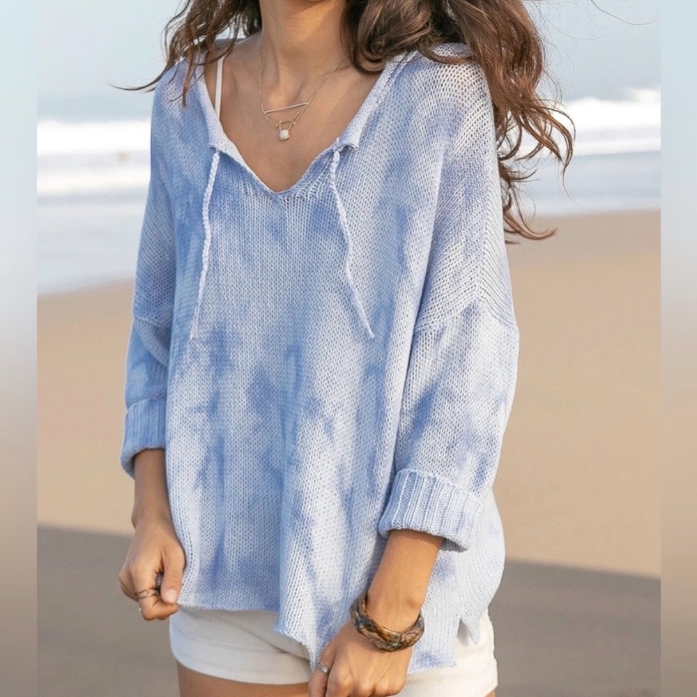 Wooden Ships Blue Tie Dye Cove Dolman Sleeve V Neck Sweater Size M/L